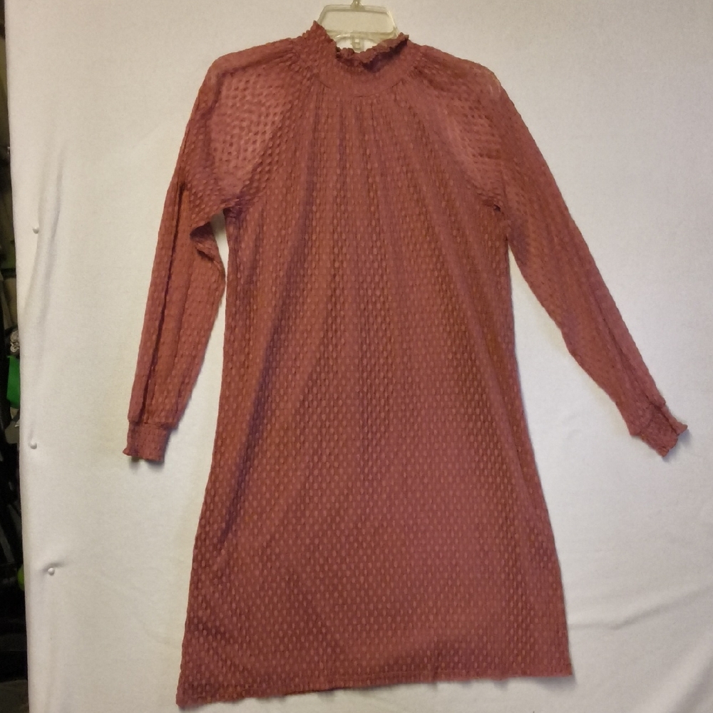 Linaleonard Sheer Long Sleeve Textured Shift Dress in Rust Peach Color, Empire